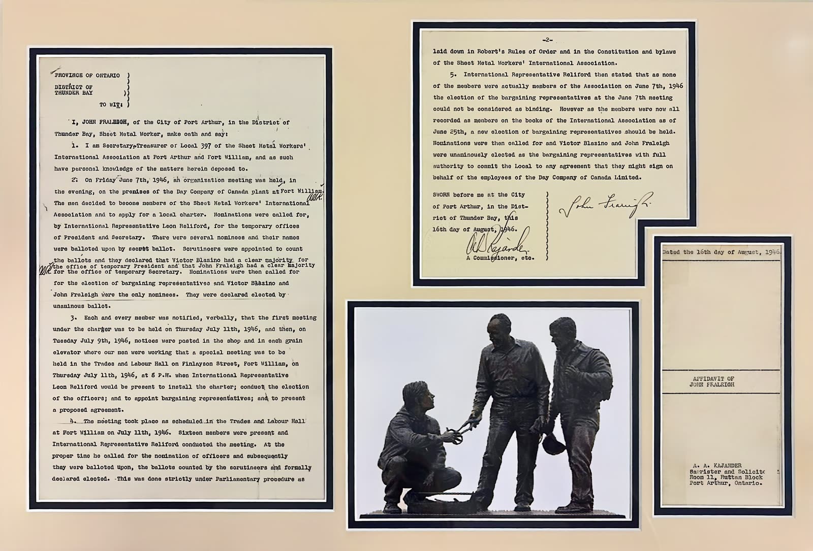 Affidavit of John Fraleigh, Secretary-Treasurer of Local 397, sworn August 16, 1946, recording the 1946 founding meetings at the Day Company of Canada plant in Fort William.